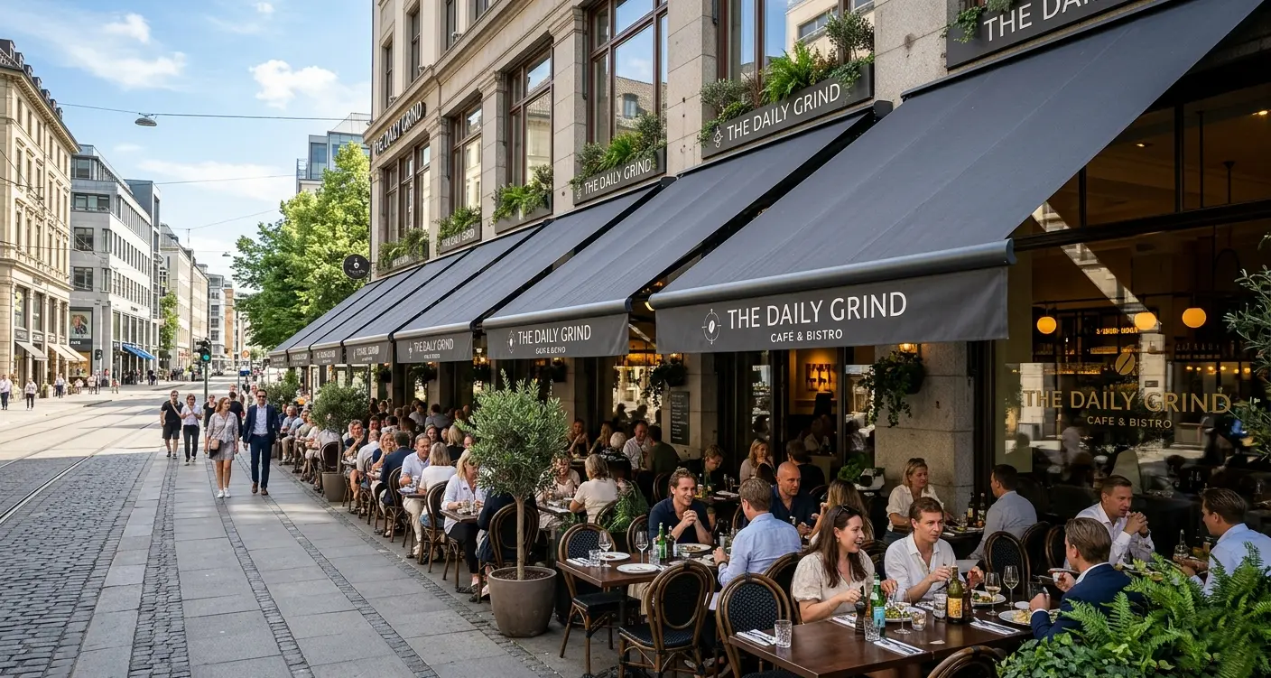 A wide shot showing matching motorized awnings extending over a busy cafe sidewalk, creating a vibrant outdoor dining space.