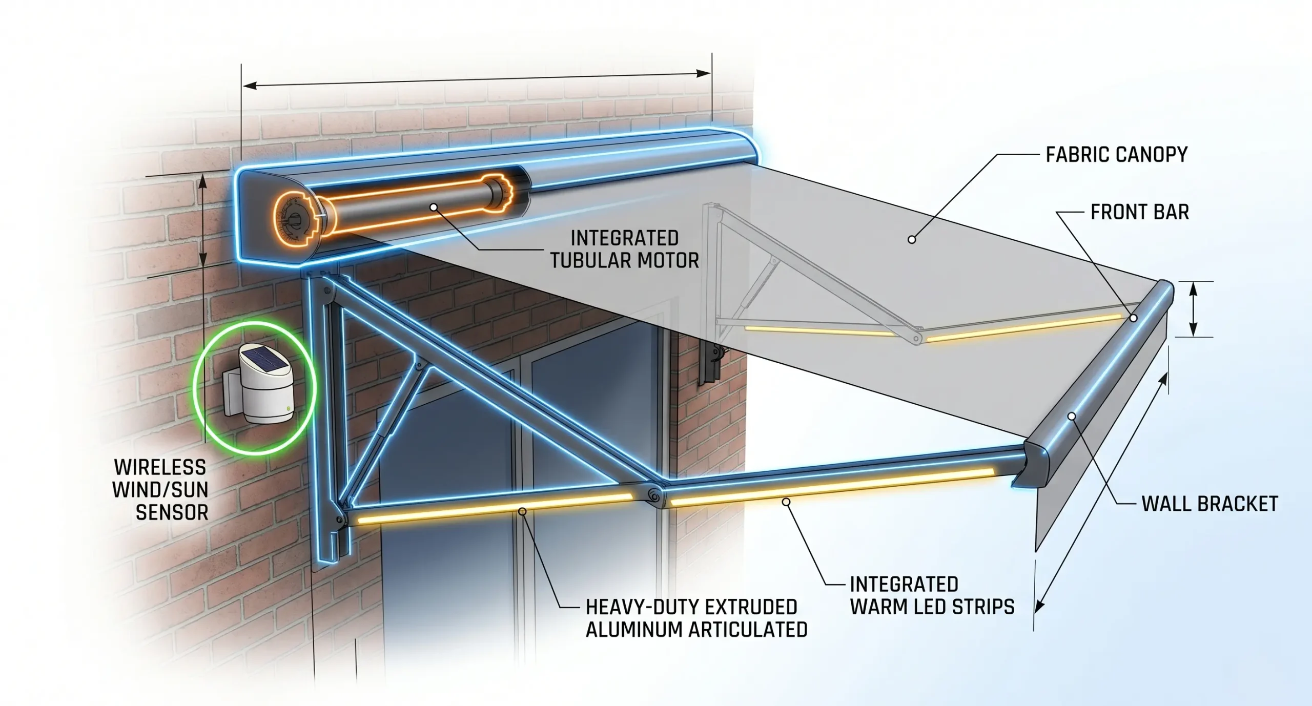 Technical illustration of a motorized awning showing the concealed motor, aluminum arms, and smart sensors.
