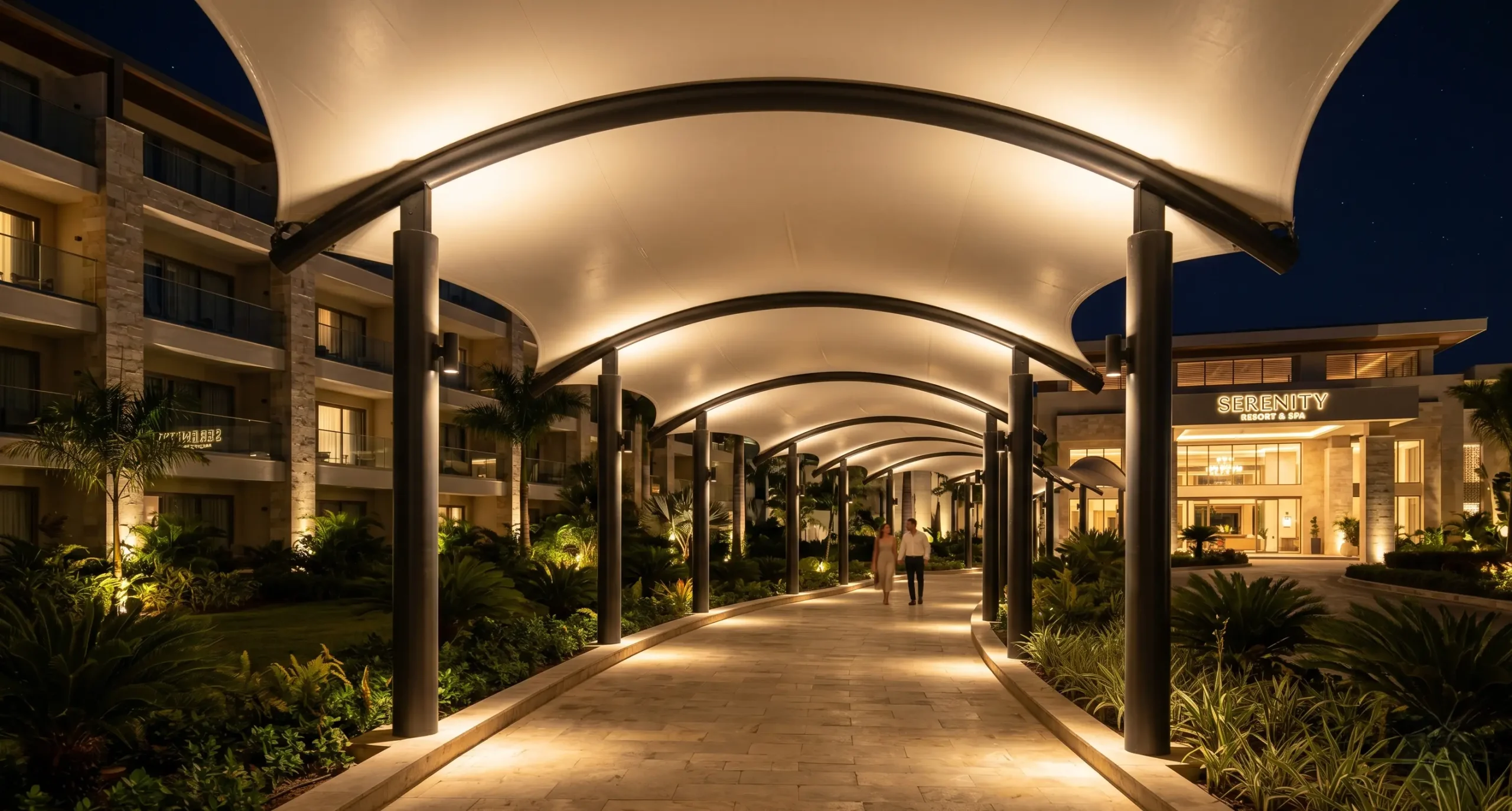 A luxurious hotel walkway at night, featuring a beautiful, tensioned white fabric roof supported by sleek steel columns.