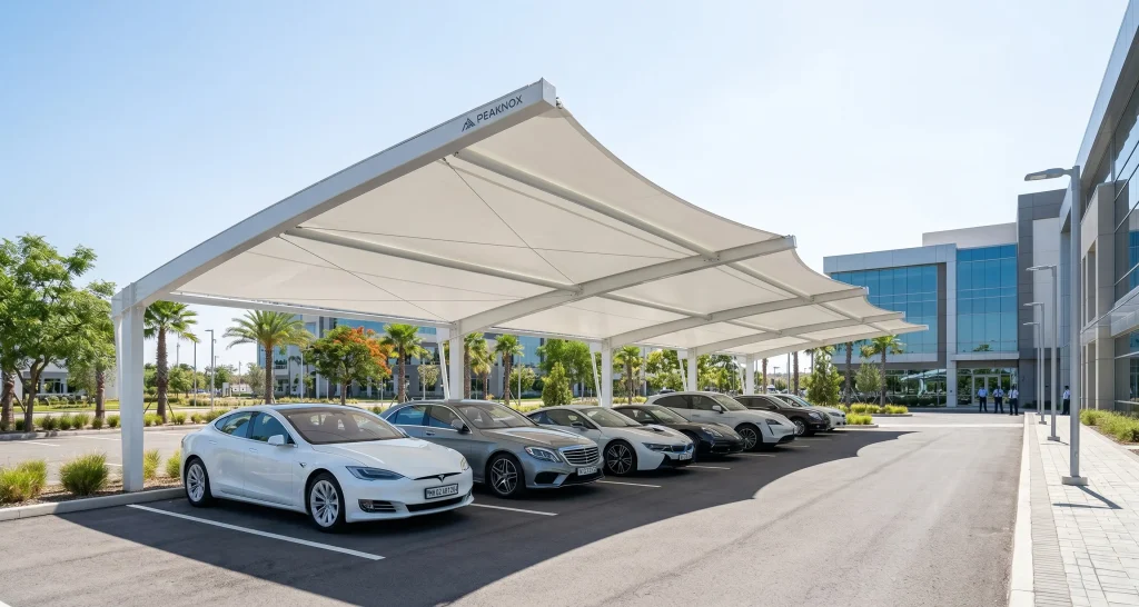 Modern white cantilever car parking tensile structure by Peaknox shading luxury cars in a commercial parking lot.