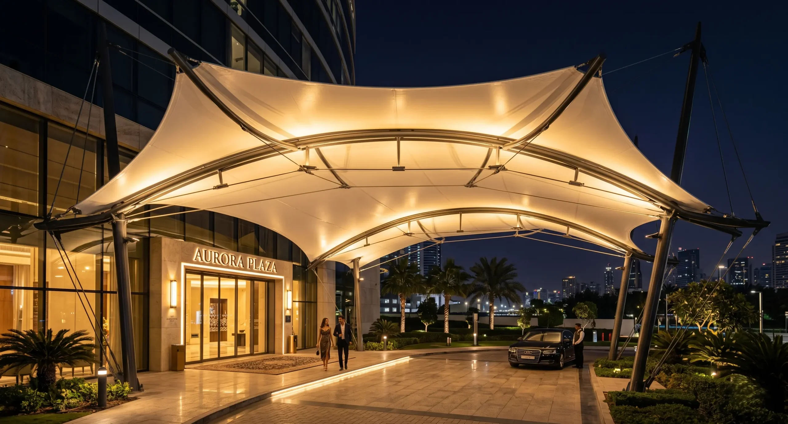 Premium Illuminated Tensile Entrance Structure at Night